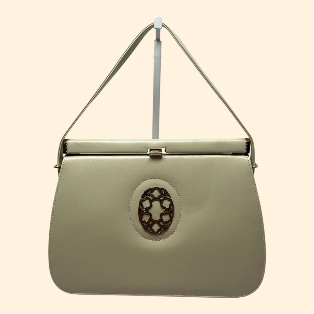 1960s Vintage Cream Faux Leather Handbag with Ornate Metal Accent